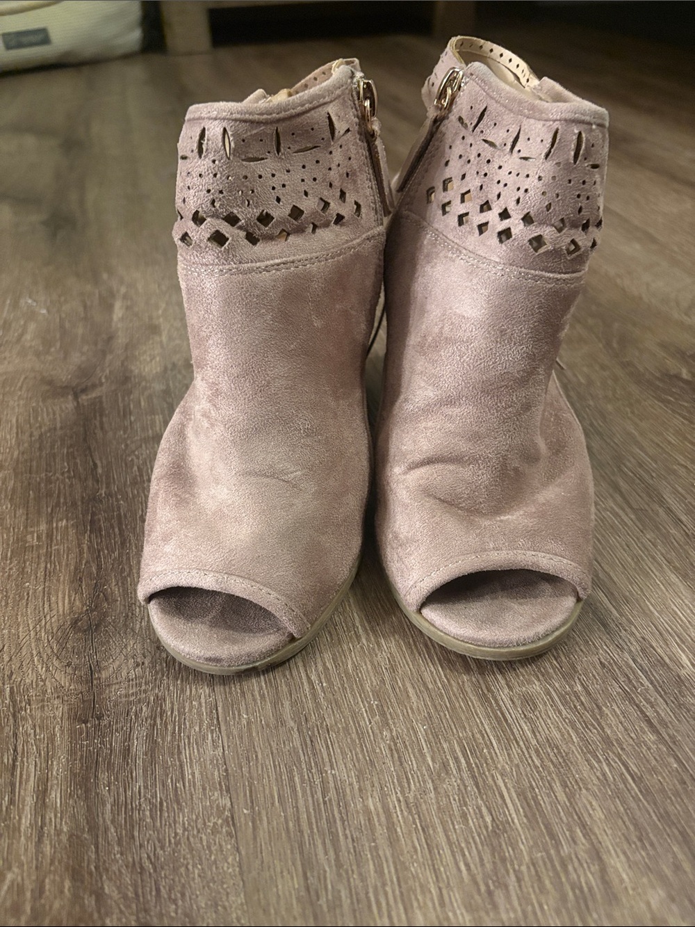 Not Rated Peep-Toe Suede Ankle Booties in Dusty Mauve